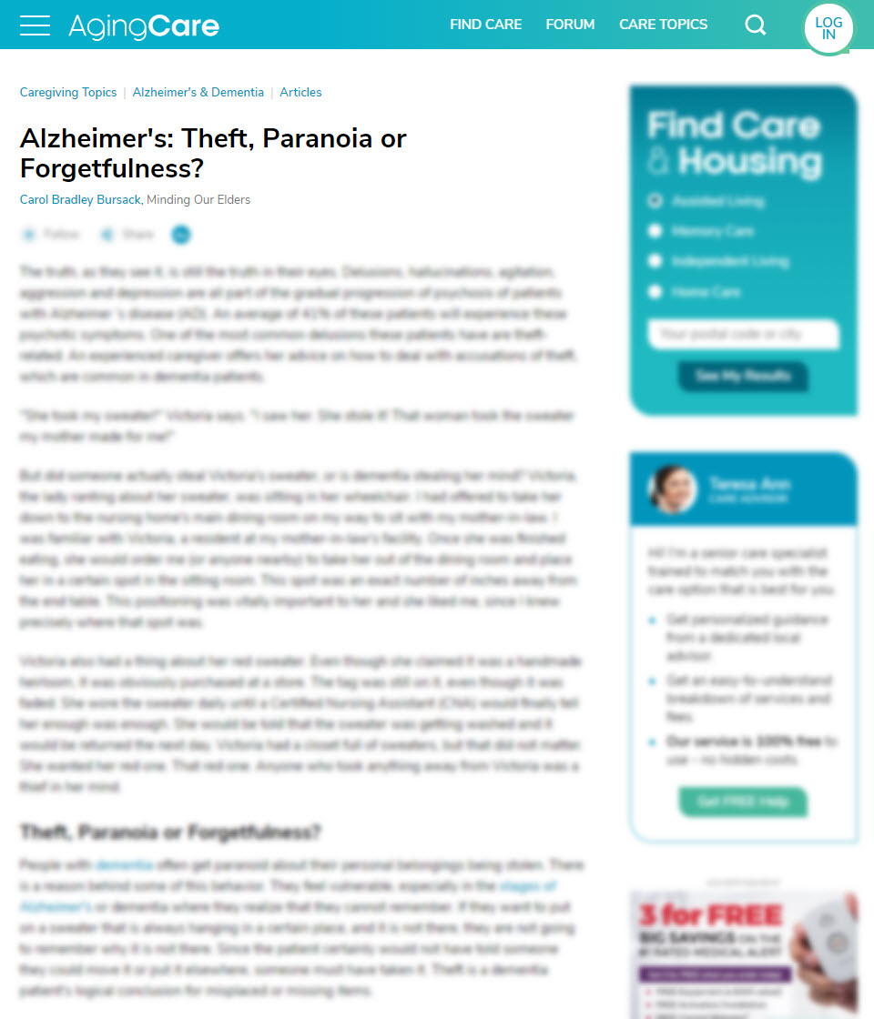 Alzheimer's: Theft, Paranoia or Forgetfulness?