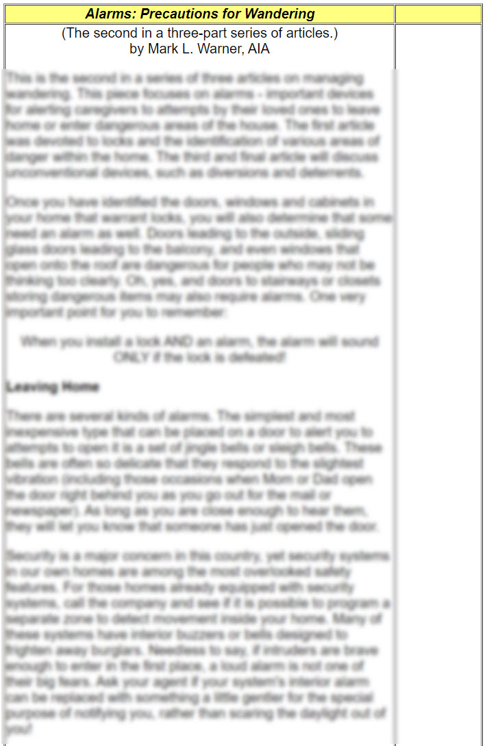 Alarms: Precautions for Wandering